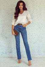Load image into Gallery viewer, Black Eyelet Pattern Detail V Neck Drop Shoulder Sweater - Fashion Queen
