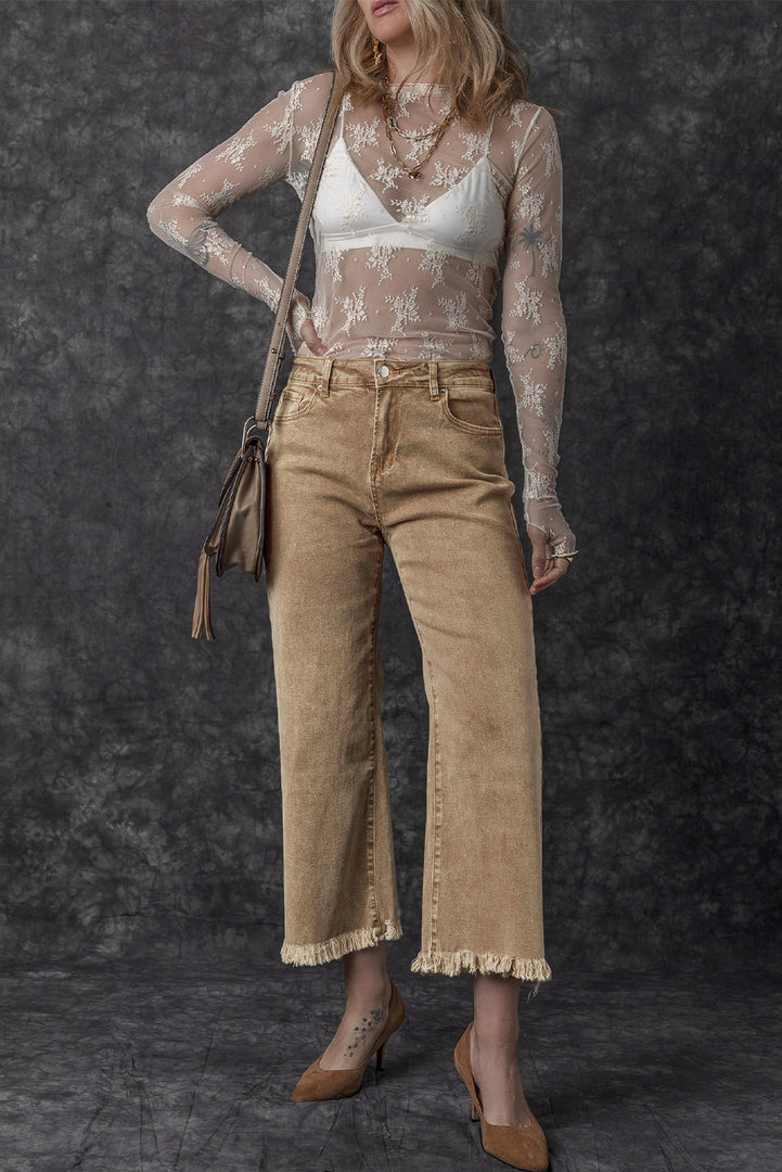 Peach Blossom Acid Washed High Rise Cropped Wide Leg Jeans