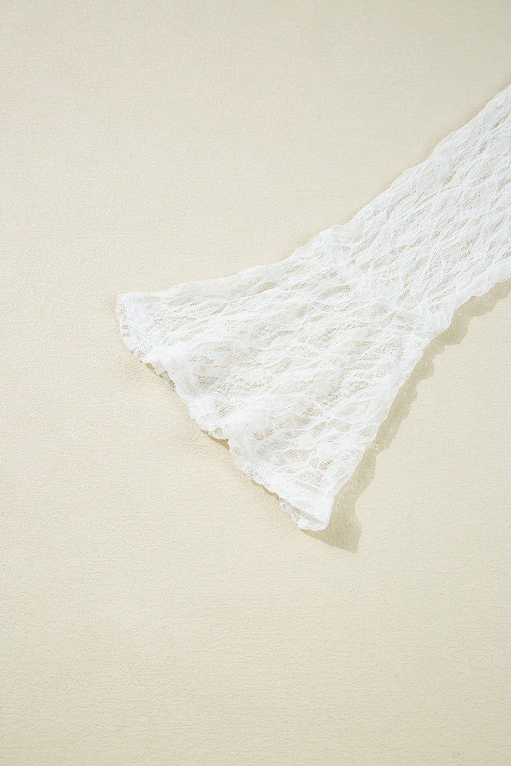 White Sheer Lace Bell Sleeve Mock Neck Blouse - Fashion Queen -  7