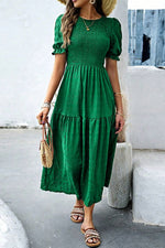 Load image into Gallery viewer, Sail Blue Solid Textured Smocked Puff Short Sleeve High Waist Long Dress - Fashion Queen -  12
