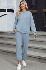 Load image into Gallery viewer, Dusk Blue Solid Color Ribbed Loose Long Sleeve Top Casual Pant Set
