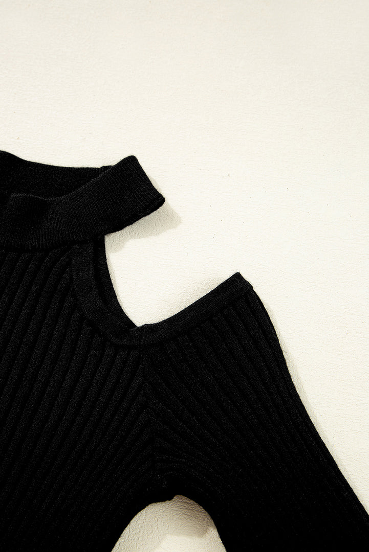Black Ribbed Knit Cold Shoulder Choker Neck Sweater - Fashion Queen -  8