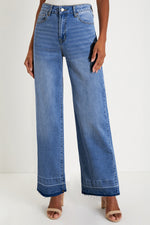 Load image into Gallery viewer, Dusk Blue Raw Hem Unique Cuffs Straight High Rise Loose Jeans
