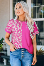 Load image into Gallery viewer, Black Half Leopard Patchwork Short Sleeves Top - Fashion Queen
