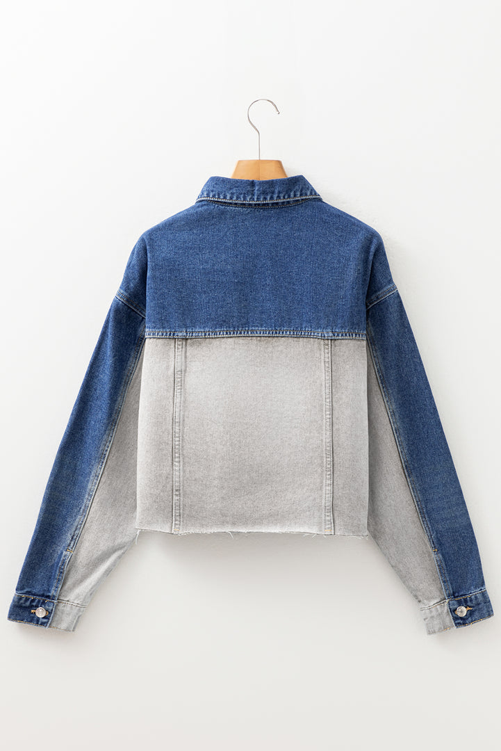 Dusk Blue Color Block Patchwork Flap Detail Distress Denim Jacket