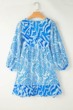 Load image into Gallery viewer, Rose Bohemian Print Puff Sleeve Tied V Neck Flared Mini Dress - Fashion Queen

