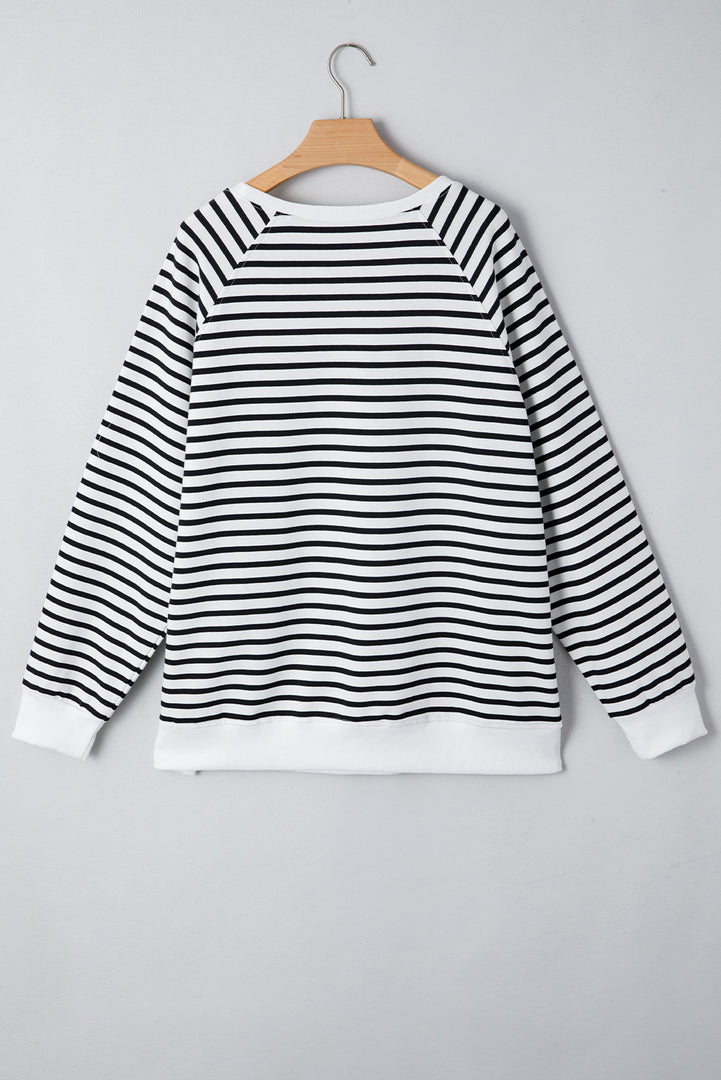 Black Stripe Raglan Sleeve Side Slits Loose Sweatshirt - Fashion Queen -  5