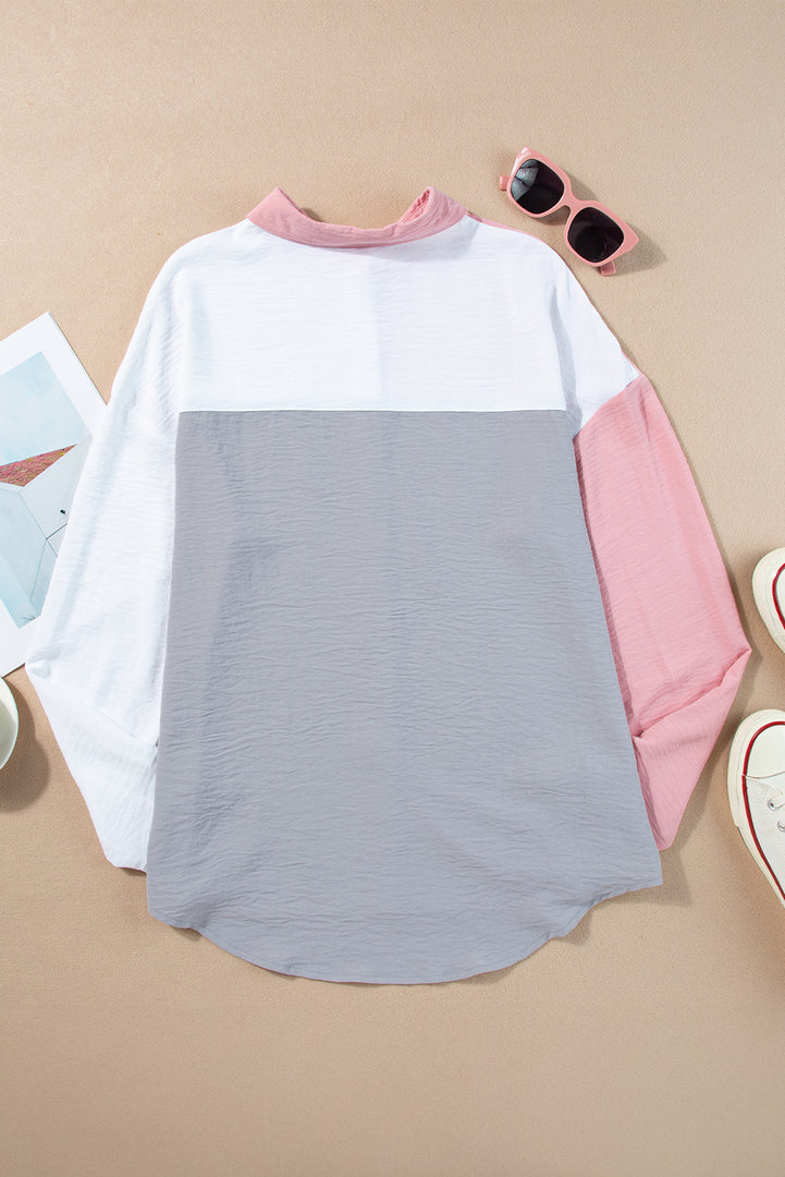 Dusty Pink Color Block/Pure Color Patch Pocket Shirt - Fashion Queen -  18