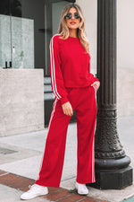 Load image into Gallery viewer, Fiery Red Varsity Striped Detail Crewneck Pullover Elastic Sweatpants 2pcs Outfit
