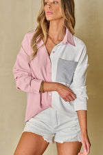 Load image into Gallery viewer, Dusty Pink Color Block/Pure Color Patch Pocket Shirt - Fashion Queen -  14
