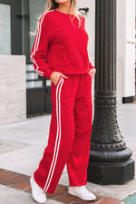 Load image into Gallery viewer, Fiery Red Varsity Striped Detail Crewneck Pullover Elastic Sweatpants 2pcs Outfit
