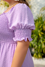 Load image into Gallery viewer, Wisteria Swiss Dot Smocked Frilled Neckline Short Sleeve Plus Size Dress
