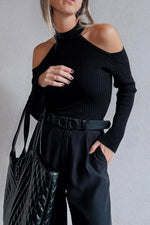 Load image into Gallery viewer, Black Ribbed Knit Cold Shoulder Choker Neck Sweater - Fashion Queen -  3
