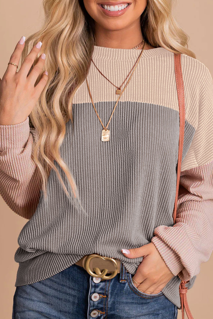 Multicolor Color Block Long Sleeve Ribbed Loose Top - Fashion Queen -  1