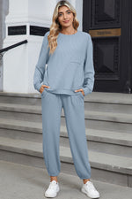 Load image into Gallery viewer, Dusk Blue Solid Color Ribbed Loose Long Sleeve Top Casual Pant Set

