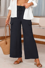 Load image into Gallery viewer, Black Drawstring Frilled Waist Wide Leg Utility Trousers
