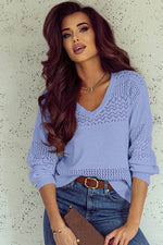 Load image into Gallery viewer, Black Eyelet Pattern Detail V Neck Drop Shoulder Sweater - Fashion Queen
