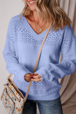 Load image into Gallery viewer, Black Eyelet Pattern Detail V Neck Drop Shoulder Sweater - Fashion Queen

