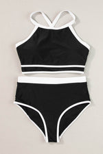 Load image into Gallery viewer, Blue Contrast Trim Crisscross Back High Waisted Bikini - Fashion Queen -  22
