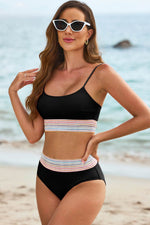 Load image into Gallery viewer, Black Striped Patchwork Spaghetti Strap High Waist Bikini Swimsuit - Fashion Queen -  9
