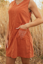 Load image into Gallery viewer, Gold Flame Corduroy Western Embroidered Patched Pocket Shift Sleeveless Mini Dress

