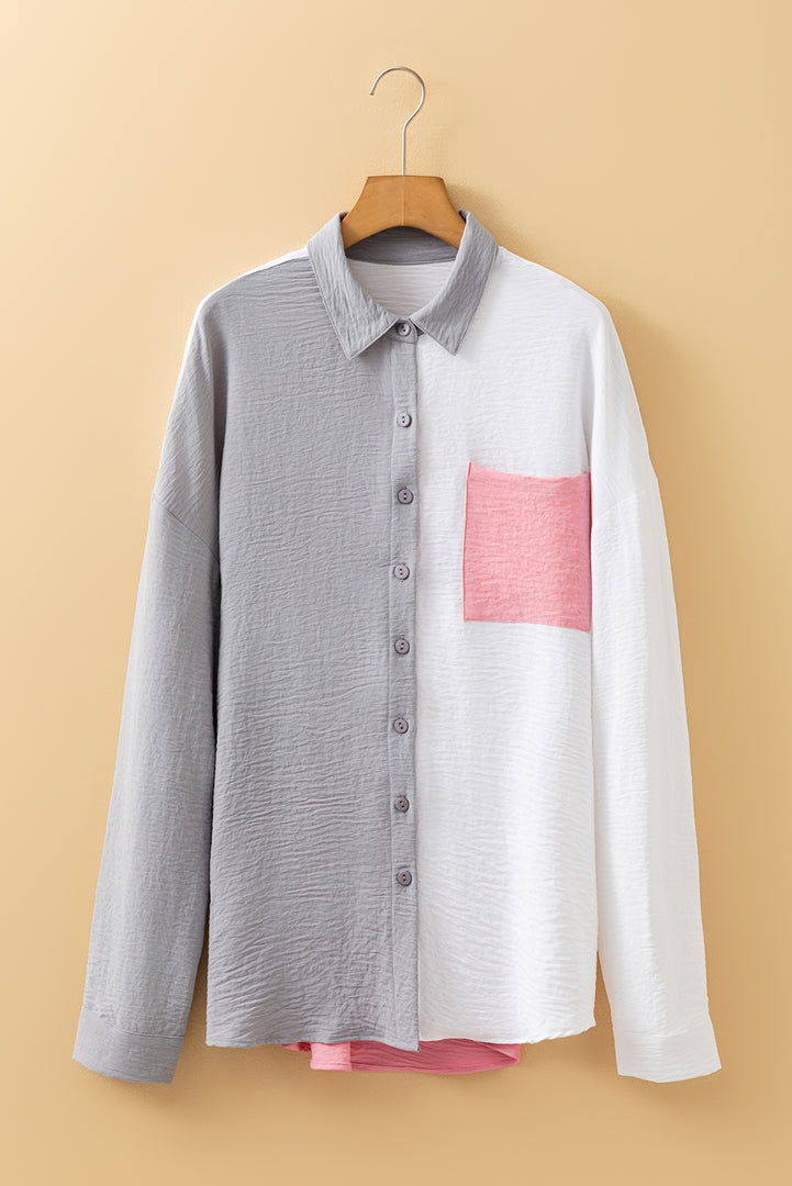 Dusty Pink Color Block/Pure Color Patch Pocket Shirt