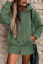 Load image into Gallery viewer, Black Button Drawstring Hooded Pullover and Casual Short Set
