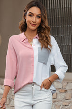 Load image into Gallery viewer, Dusty Pink Color Block/Pure Color Patch Pocket Shirt - Fashion Queen -  8
