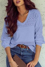 Load image into Gallery viewer, Black Eyelet Pattern Detail V Neck Drop Shoulder Sweater - Fashion Queen
