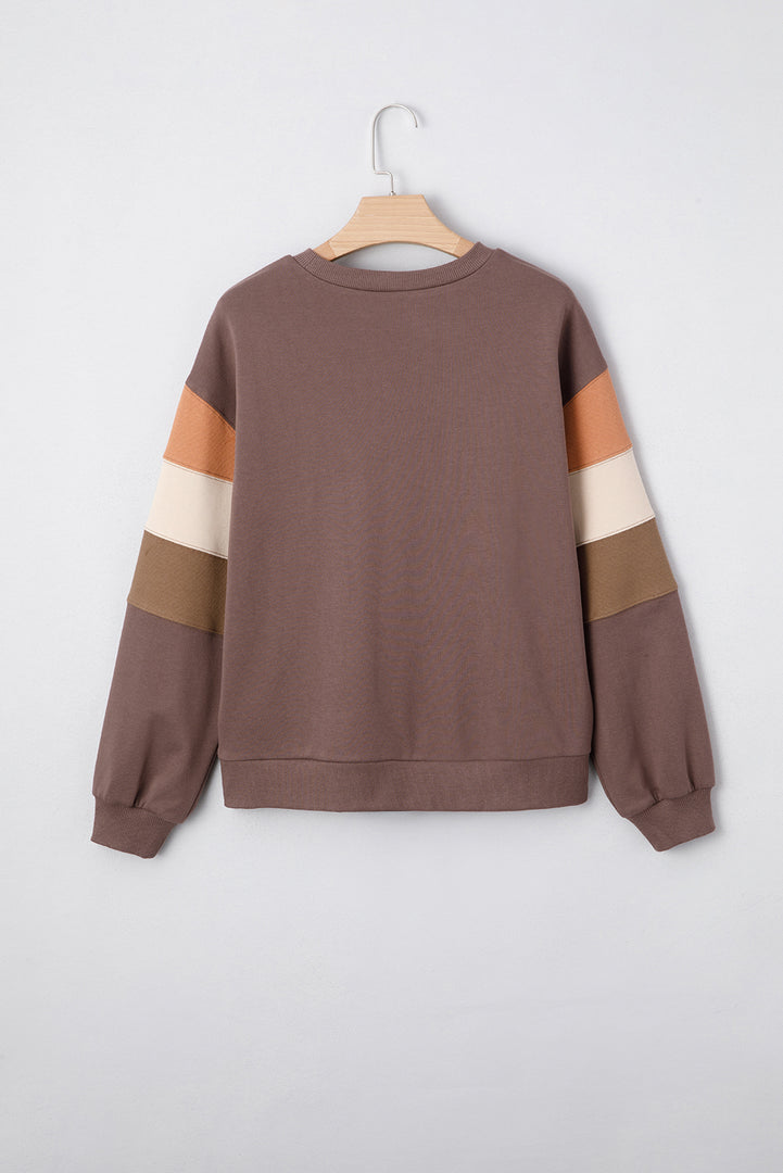 Dark Khaki Color Block Drop Shoulder Pullover Casual Sweatshirt - Fashion Queen -  5