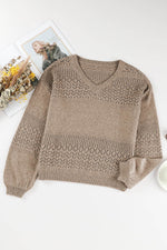 Load image into Gallery viewer, Black Eyelet Pattern Detail V Neck Drop Shoulder Sweater - Fashion Queen
