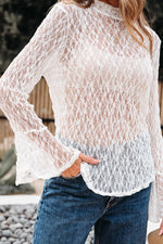Load image into Gallery viewer, White Sheer Lace Bell Sleeve Mock Neck Blouse
