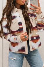 Load image into Gallery viewer, Multicolour Western Aztec Striped Patchwork Double Flap Pocket Raw Hem Shacket
