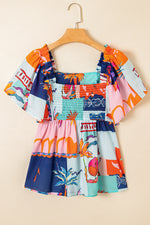 Load image into Gallery viewer, Sky Blue Tropical Printed Square Neck Flutter Sleeve Babydoll Blouse
