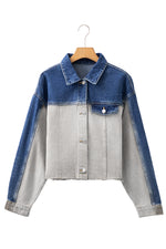 Load image into Gallery viewer, Dusk Blue Color Block Patchwork Flap Detail Distress Denim Jacket
