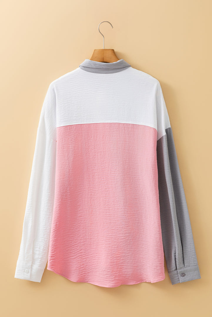 Dusty Pink Color Block/Pure Color Patch Pocket Shirt