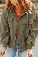 Load image into Gallery viewer, Black Flap Pocket Drawstring Hood Zip Up Jacket
