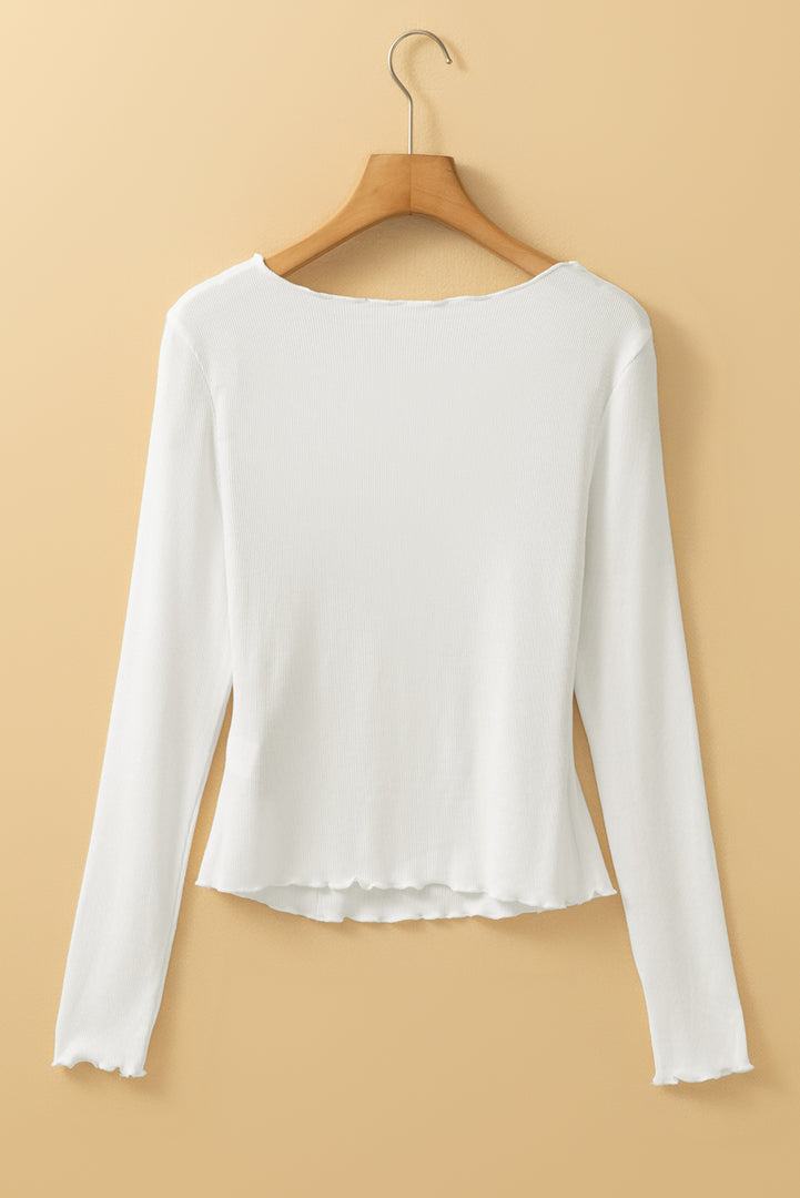 White Exposed Seam Ribbed Knit Slim Fit Long Sleeve Top