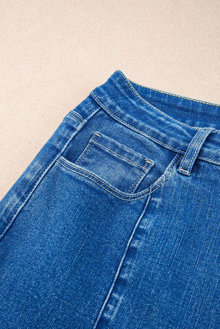 Dark Blue Plain Seam Detail Flared Bottom Ankle Length Jeans - Fashion Queen -  21