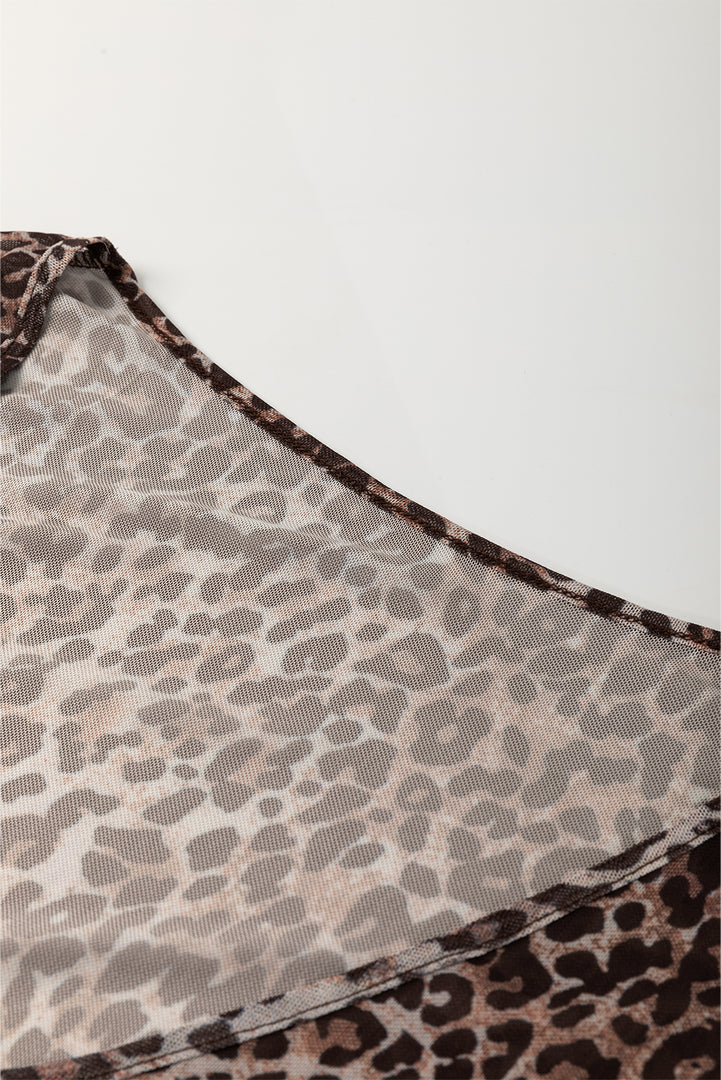 Multicolour Leopard Sheer Mesh Long Sleeve V Neck Lace-up Blouse - Fashion Queen -  11