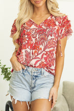 Load image into Gallery viewer, Red Vintage Floral Ruffle Sleeve V Neck Blouse
