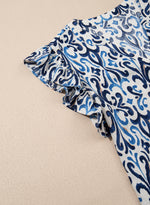 Load image into Gallery viewer, Sky Blue Boho Abstract Print Pintuck Detail Ruffled Top
