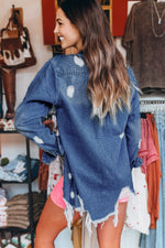 Load image into Gallery viewer, Sky Blue Light Wash Distressed Frayed Long Denim Jacket
