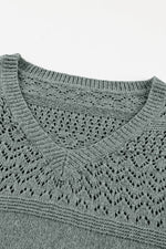 Load image into Gallery viewer, Black Eyelet Pattern Detail V Neck Drop Shoulder Sweater - Fashion Queen
