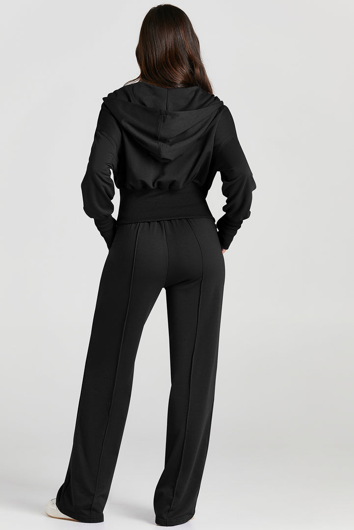 Black Double Zipper Hooded Jacket and Sweatpants Active Set