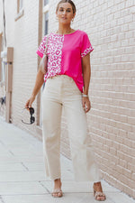 Load image into Gallery viewer, Black Half Leopard Patchwork Short Sleeves Top - Fashion Queen
