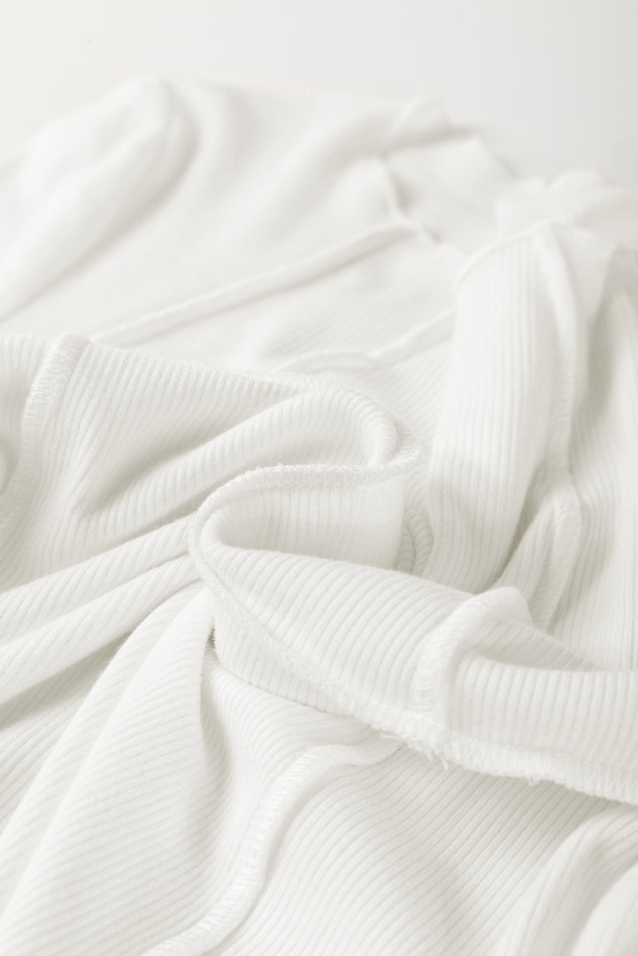 White Exposed Seam Ribbed Knit Slim Fit Long Sleeve Top