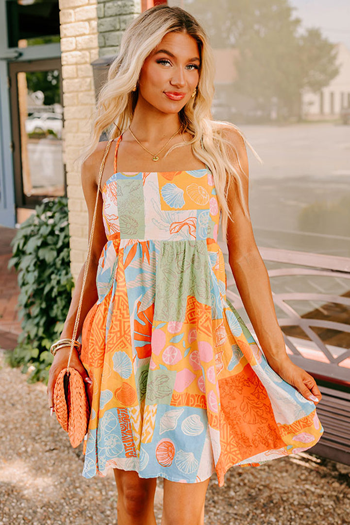 Orange Seashell Patchwork Print Self-tie Flowy Sundress