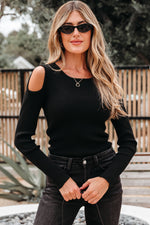 Load image into Gallery viewer, Black Ribbed Knit Cold Shoulder Sweater
