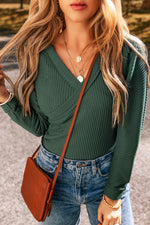 Load image into Gallery viewer, Blackish Green Waffle Knit Slim Fit Wrap V Neck Bodysuit
